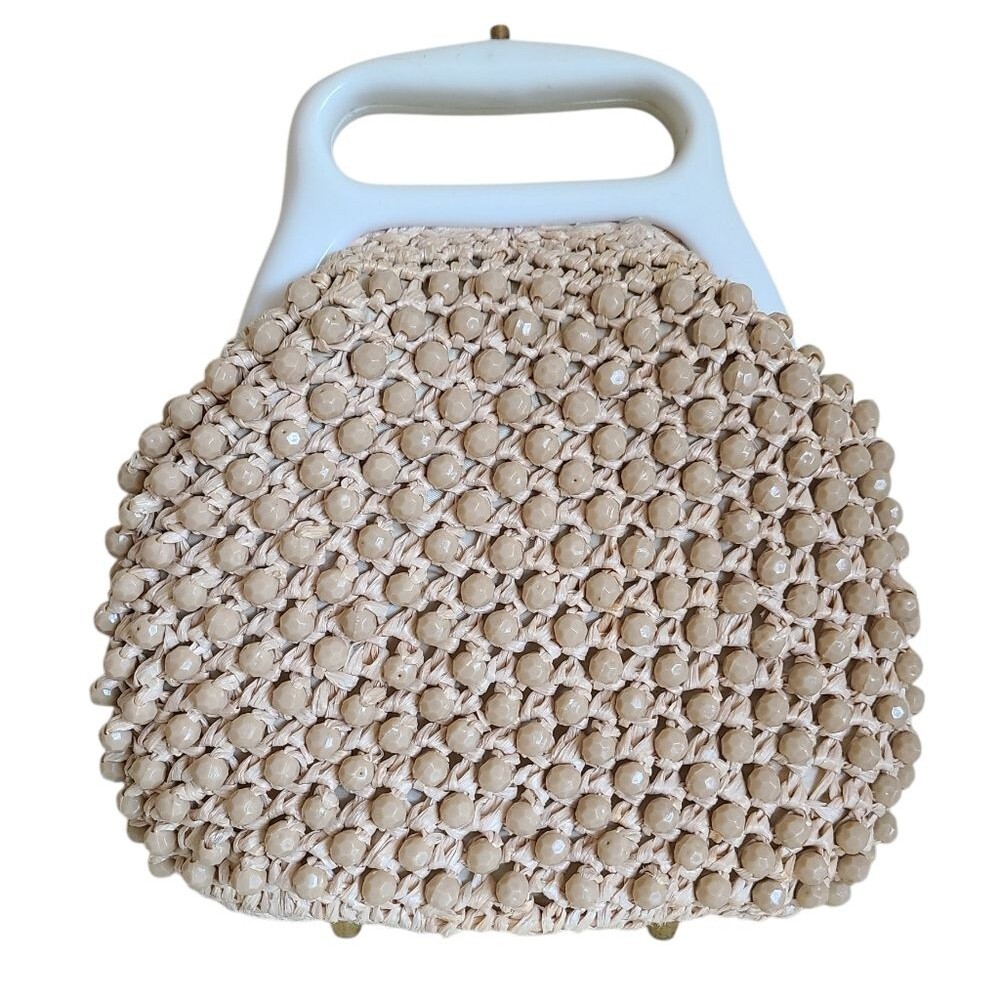 vintage 1960s crocheted white beaded purse vintage mod raffia handbag